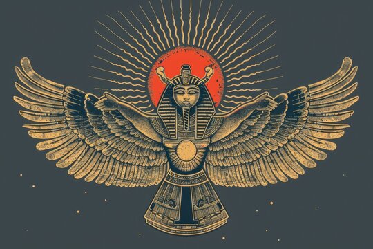 An Egyptian winged bird with a sun in the background. Suitable for historical and cultural designs