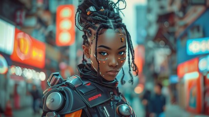 Young black woman with futuristic cybernetic enhancements closeup image. Glowing signs. African american female close up photography marketing. Afrofuturism concept photo realistic
