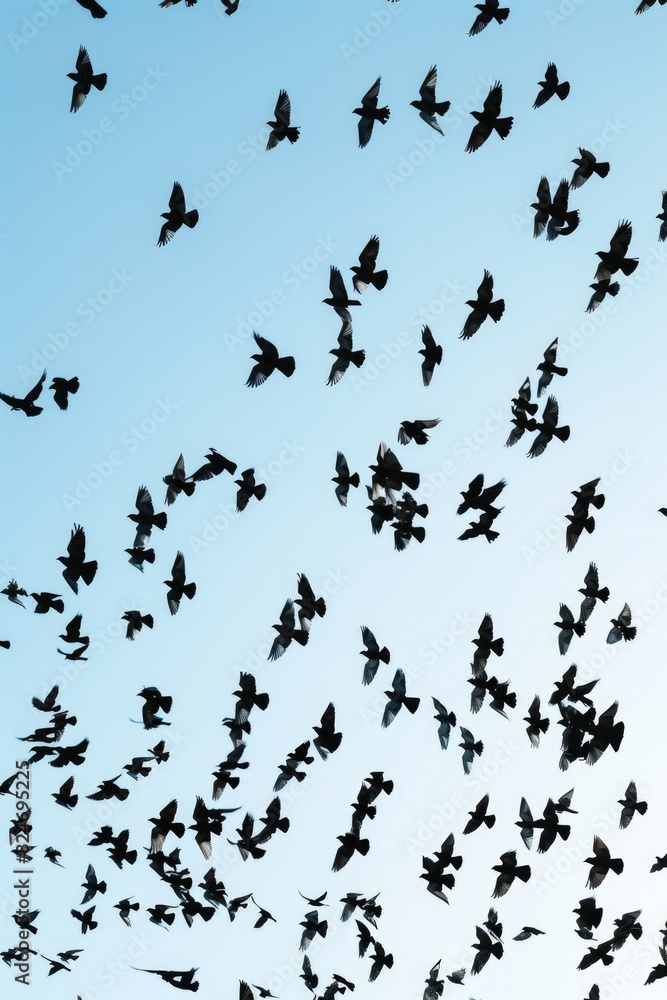 Poster a flock of birds soaring through the sky. suitable for nature and freedom concepts