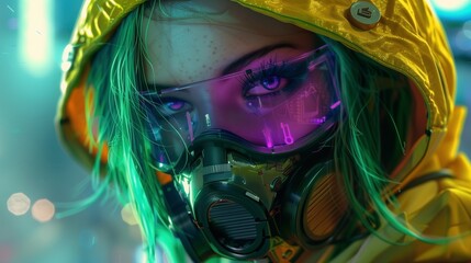 Green haired woman in respirator and yellow raincoat closeup image. Post apocalyptic female intense purple eyes close up photography marketing. Science fiction concept photo realistic