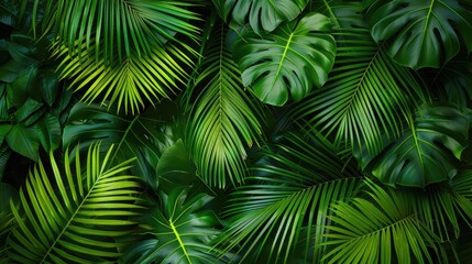 Texture of palm tree leaves with fresh green tropical foliage creating a vibrant pattern background