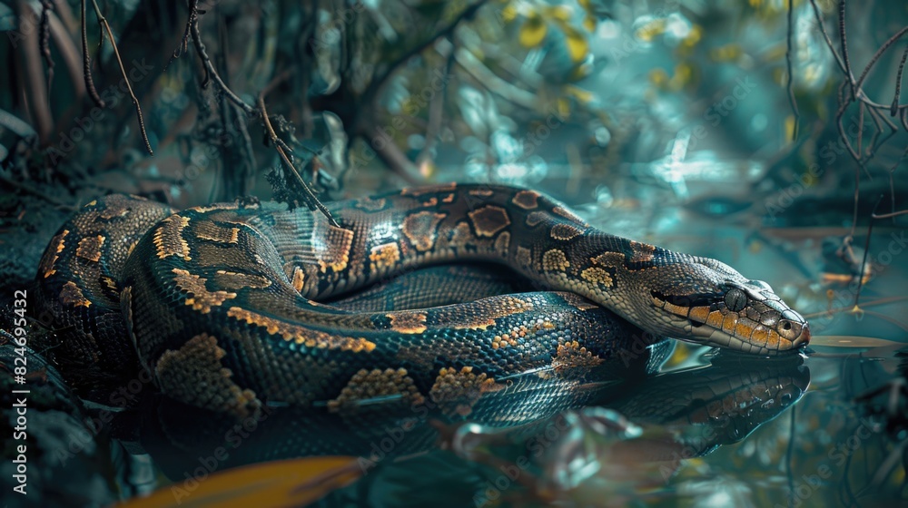 Poster a large snake resting on top of a body of water. suitable for nature and wildlife themes