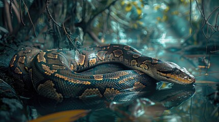 Naklejka premium A large snake resting on top of a body of water. Suitable for nature and wildlife themes