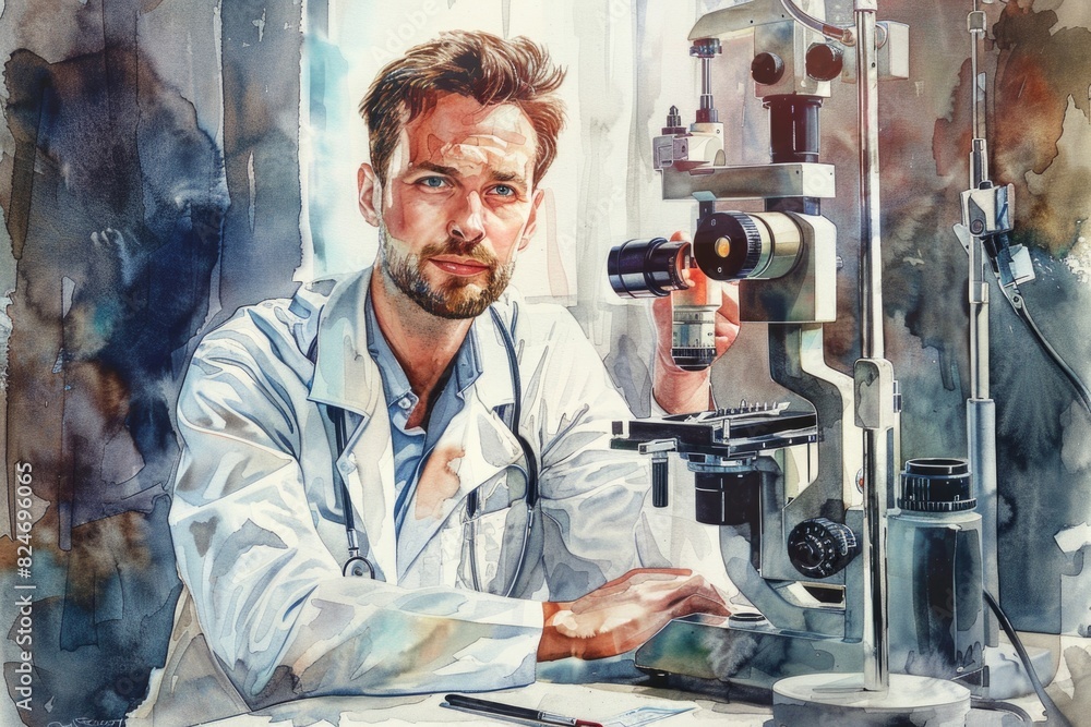 Poster a man in a lab coat working on a microscope. ideal for scientific and medical concepts