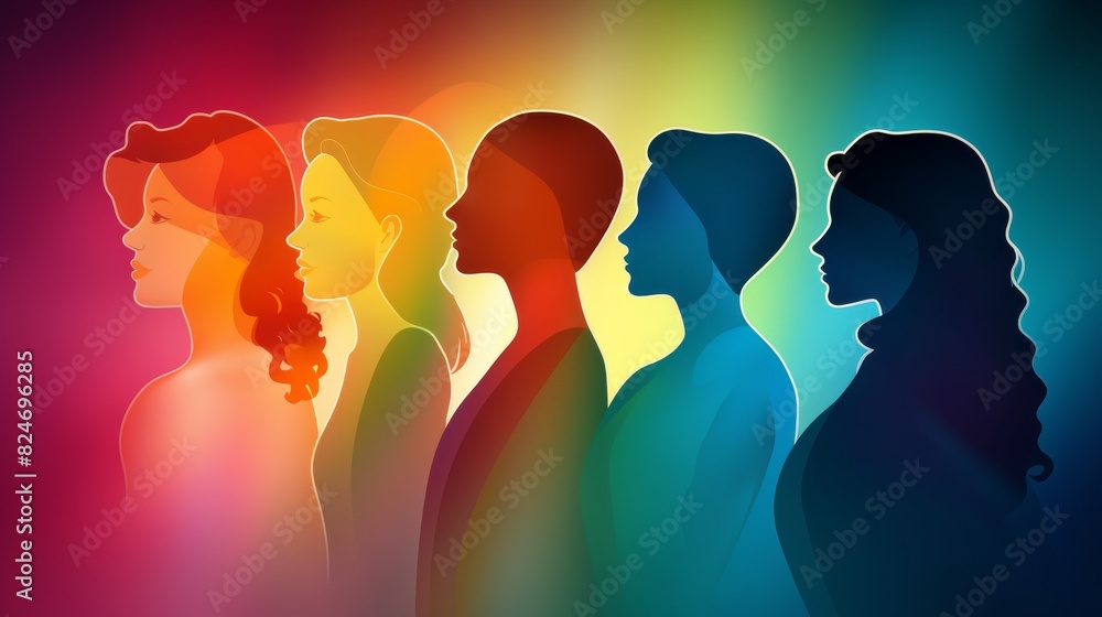 Wall mural group of multicultural diversity women and girls face silhouette profile. female social network comm - Wall murals