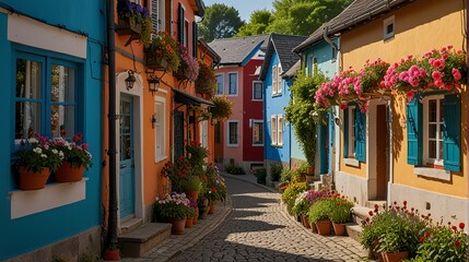 village street colorful houses in lined ai generated
