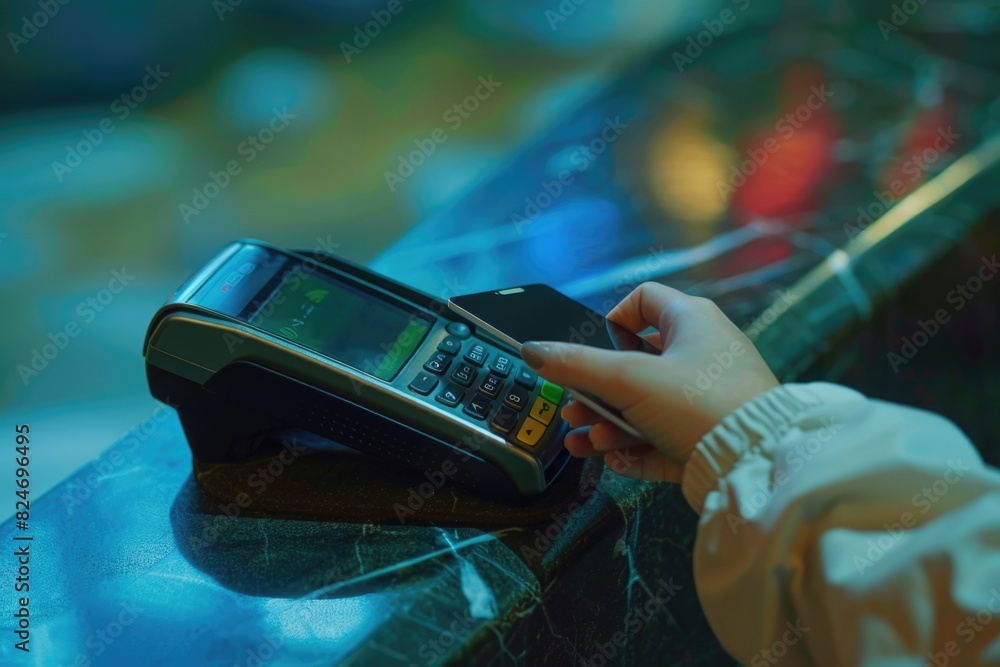 Poster A person using a cell phone on a table. Suitable for technology concepts