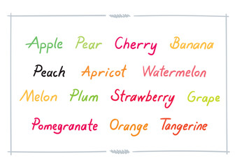 Fruit names written by hand. hand drawn mixed fruit names