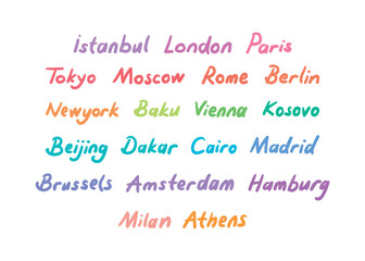 hand written city names. hand drawn mixed city names