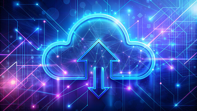Neon Cloud Computing Icon with Arrows: Cyberpunk Data Technology. Perfect for: International Cloud Computing Day, Data Privacy Day, World Backup Day.