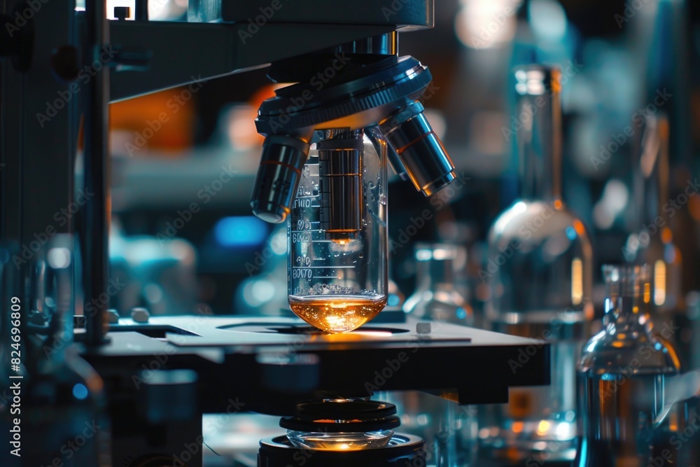 Poster close up of a microscope on a table. perfect for scientific and educational projects