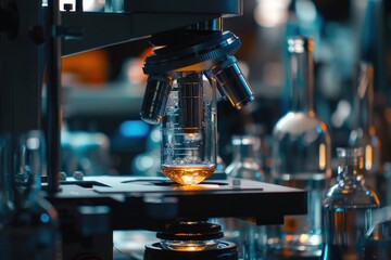 Close up of a microscope on a table. Perfect for scientific and educational projects - Powered by Adobe