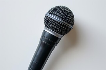 Close-up of a black microphone on a white background. Perfect for presentations, music events, and podcast concepts.