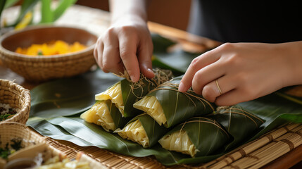 wrapping zongzi, holding decorative flowers in hands, green triangle, rice, egg yolk, bamboo...
