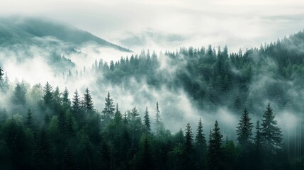 Obraz premium Foggy Mountains. Misty Forest Landscape With Mountain Range In The Distance.