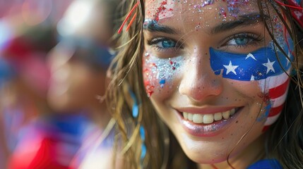  A closeup of young women with the American flag painted on their faces on the international soccer match