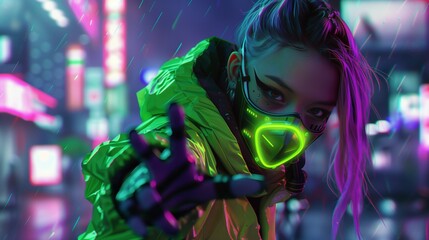 Cyberpunk japanese woman on streets of neon-lit cityscape closeup image. Green neon mask female futuristic close up photography marketing. Science fiction concept photo realistic