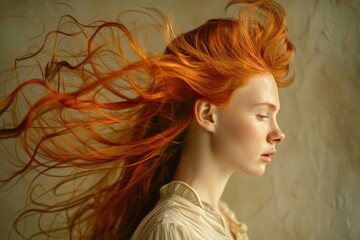 A woman with red hair blowing in the wind. Suitable for various lifestyle and beauty concepts