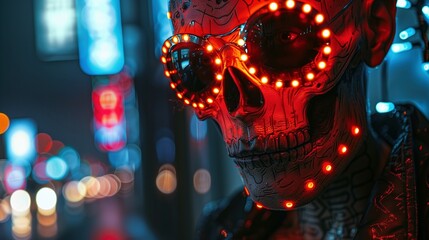 Illuminated cyberpunk skull in night city closeup image. Skull-masked figure with glowing red lights close up photography marketing. Horror fantasy urban culture concept photo realistic