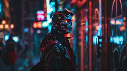 Obraz premium Figure in skull mask stands in neon-lit urban alley image. Cyberpunk aesthetic. Nighttime setting. Street photography scene wallpaper. Science fiction concept photorealistic photo