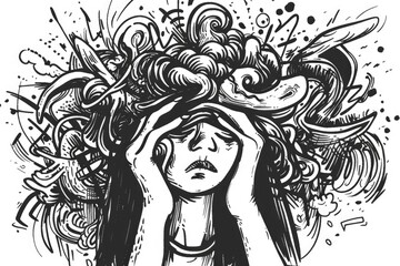 A woman looking stressed with her head in her hands. Suitable for concepts related to stress and mental health