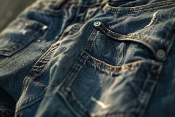 Detailed view of a pair of jeans, suitable for fashion or casual wear concepts