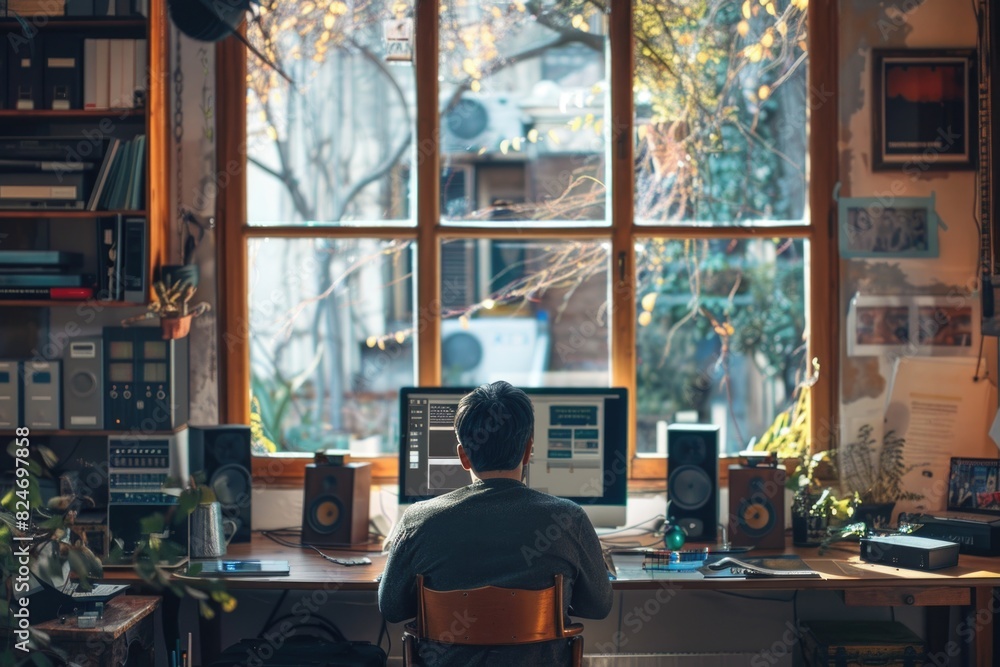 Poster A man sitting at a desk in front of a window. Suitable for business or work concepts