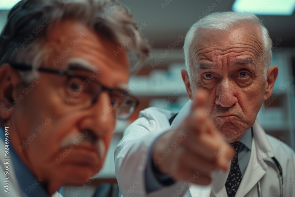Poster two men in lab coats pointing at the camera, suitable for scientific and research concepts