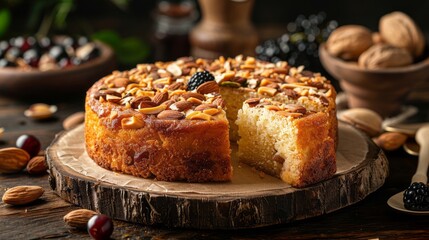 Homemade Nutty Cake With Almonds, Walnuts And Blackberries On A Wooden Table.