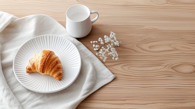 &eth;&Yuml;&yen; A Delicious Croissant On A White Plate With A Cup Of Coffee And A Flower On A Wooden Table.