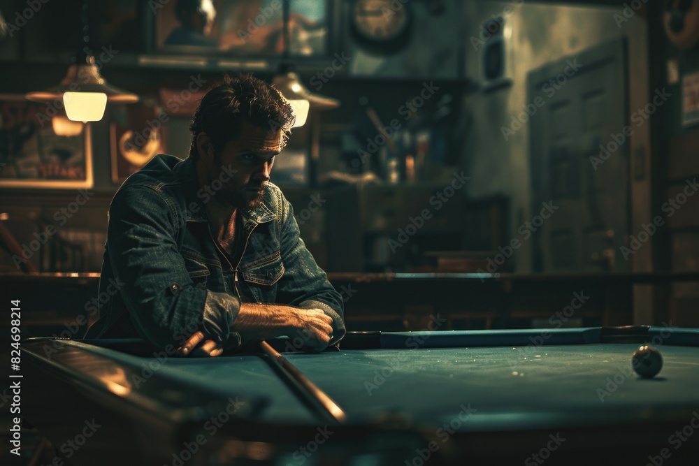 Poster a man sitting at a pool table with a cue in his hand. suitable for sports and leisure concepts