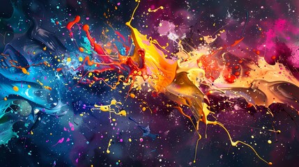 Array of vibrant paint splatters intertwining to create a visually captivating and dynamic scene