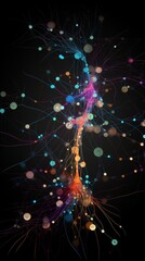 Neural network abstract representation of AI neural pathways from a front view highlighting AI thought process in a Scifi tone with a Tetradic color scheme