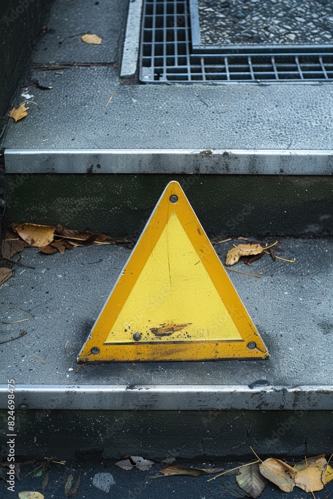 Poster a yellow triangular sign placed on the steps of a building, suitable for various urban themes