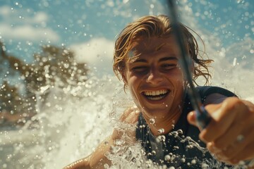 Obraz premium Woman riding a wave on top of a surfboard, ideal for sports and summer activities