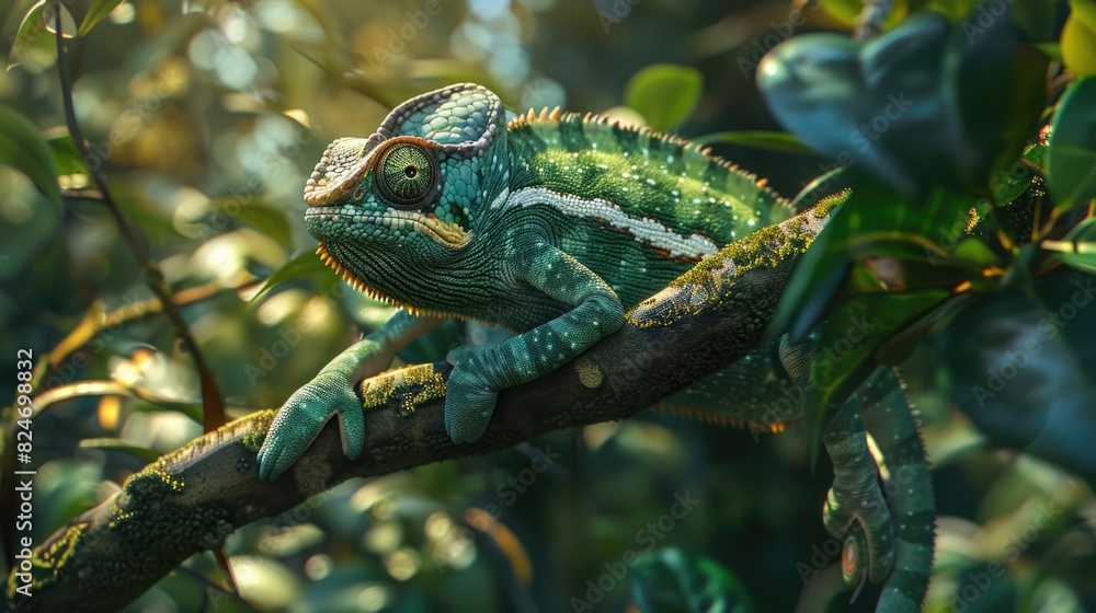 Poster a colorful chameleon perched on a tree branch, suitable for nature and wildlife themes