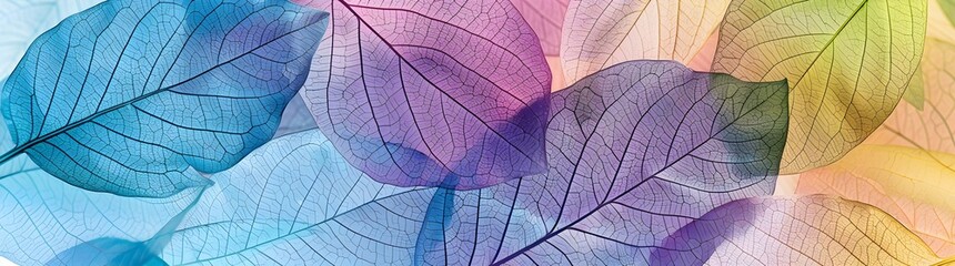 Fototapeta premium A detailed closeup of transparent skeleton leaves, each with intricate veins and delicate petal shapes, in various shades of blue, purple, green, yellow, and pink, creating an abstract pattern on the 