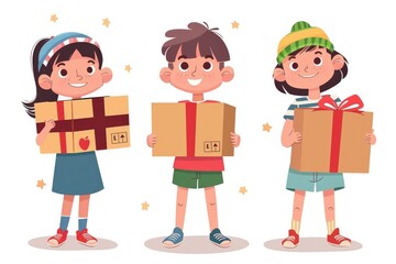 A group of children carrying box gifts and illustrations