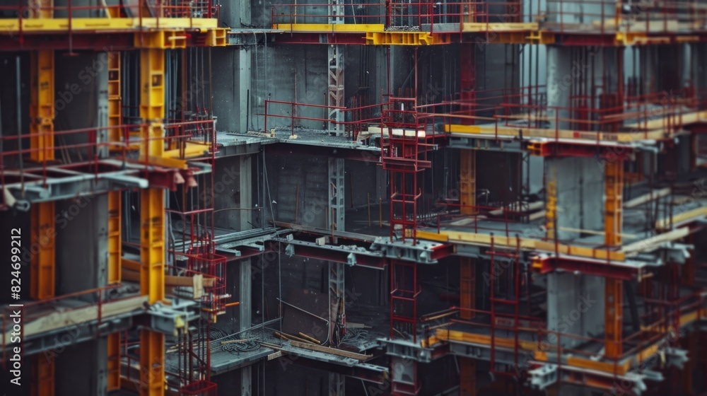 Poster A construction site filled with scaffolding. Ideal for illustrating construction projects or infrastructure development