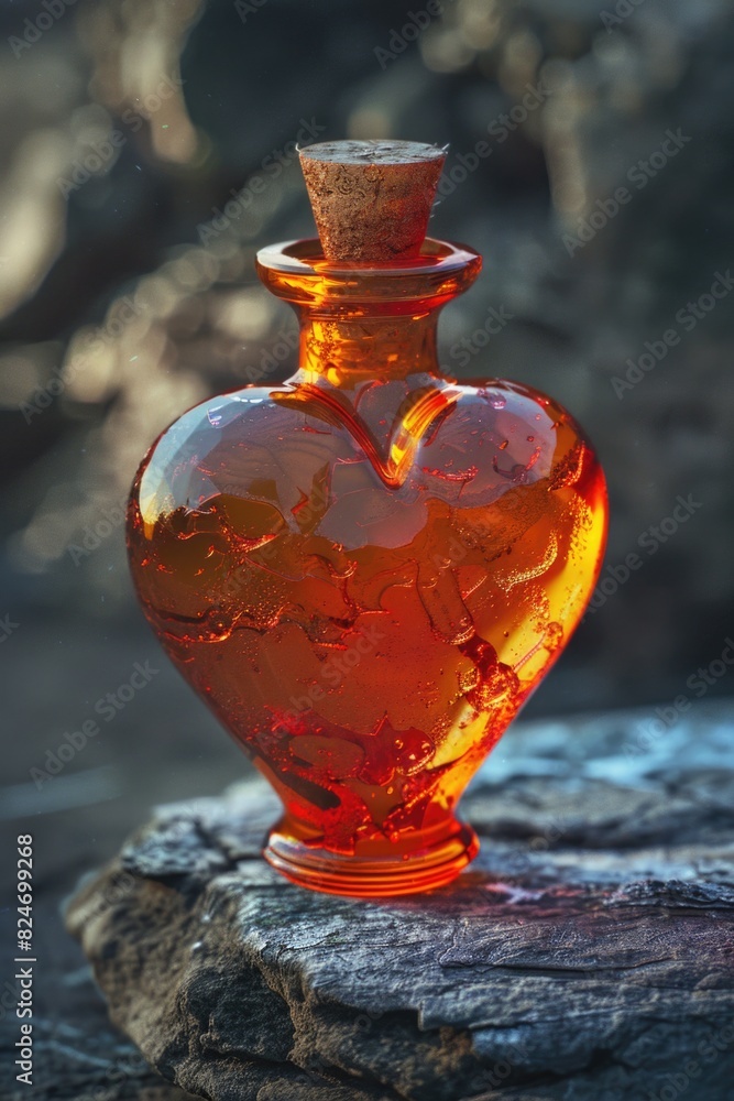 Poster glass bottle in heart shape on rocky surface. suitable for romantic concepts