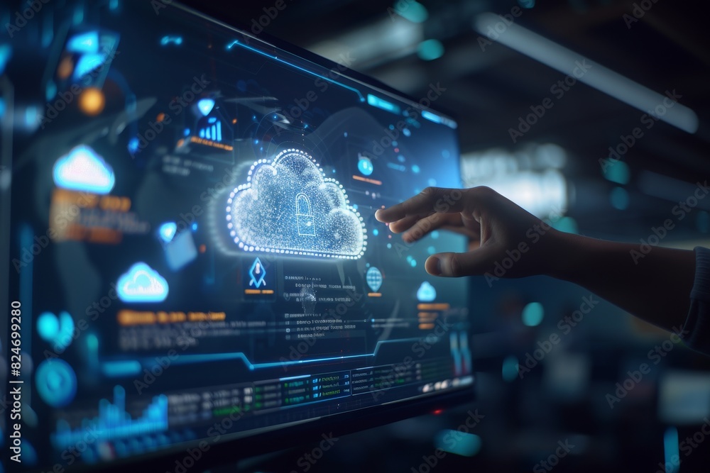Poster high tech cloud security illustration featuring lock icon on metallic surface representing secure di