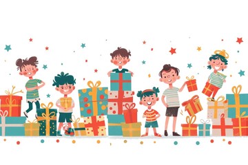 Fototapeta premium A group of children carrying box gifts and illustrations