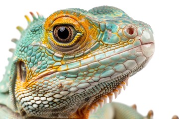 Fototapeta premium Close up of a lizard's face on white background. Suitable for educational materials or nature-themed designs