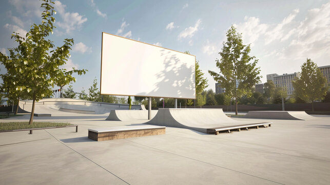 Modern skate park with a blank billboard, 3D rendered for youth-oriented ads.