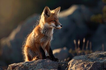 A fox sitting on top of a large rock. Suitable for nature and wildlife themes
