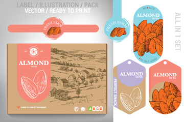 Comprehensive almond packaging design set featuring modern illustrations, vibrant pastel accents, and clear labeling. Perfect for farms, grocery stores, and specialty food brands