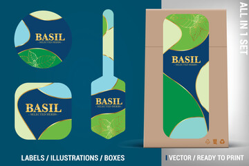Stylish basil packaging design set featuring modern illustrations, labels, badges. Perfect for herb farms, grocery stores, and specialty food brands