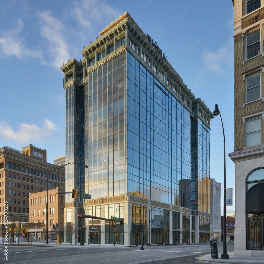 Aufkleber a tall building with numerous windows, suitable for architectural and urban concepts