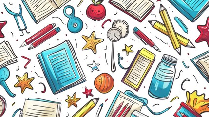 School supplies arranged in a pattern on a white background. Ideal for educational concepts