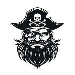 Fierce pirate captain emblem with hat and eyepatch, angry face logo vector design on white
